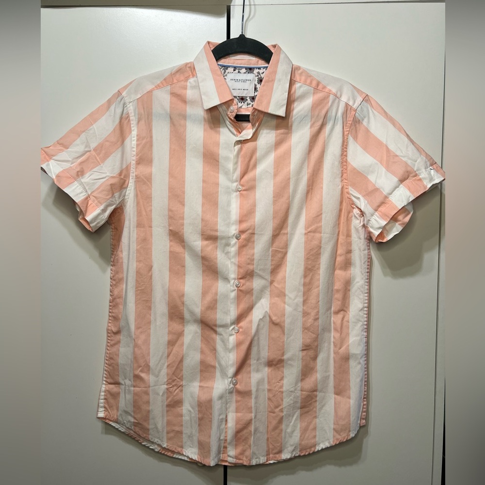 Denim & Flower Men's Short Sleeve Button-Down Shirt - Peach & White Stripes